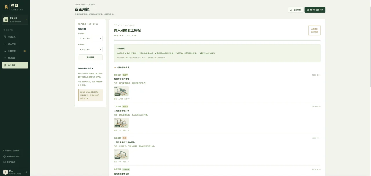 构筑业主周报界面：选择周期汇总现场变化、问题和待确认事项，并提供导出入口，画面为演示数据。