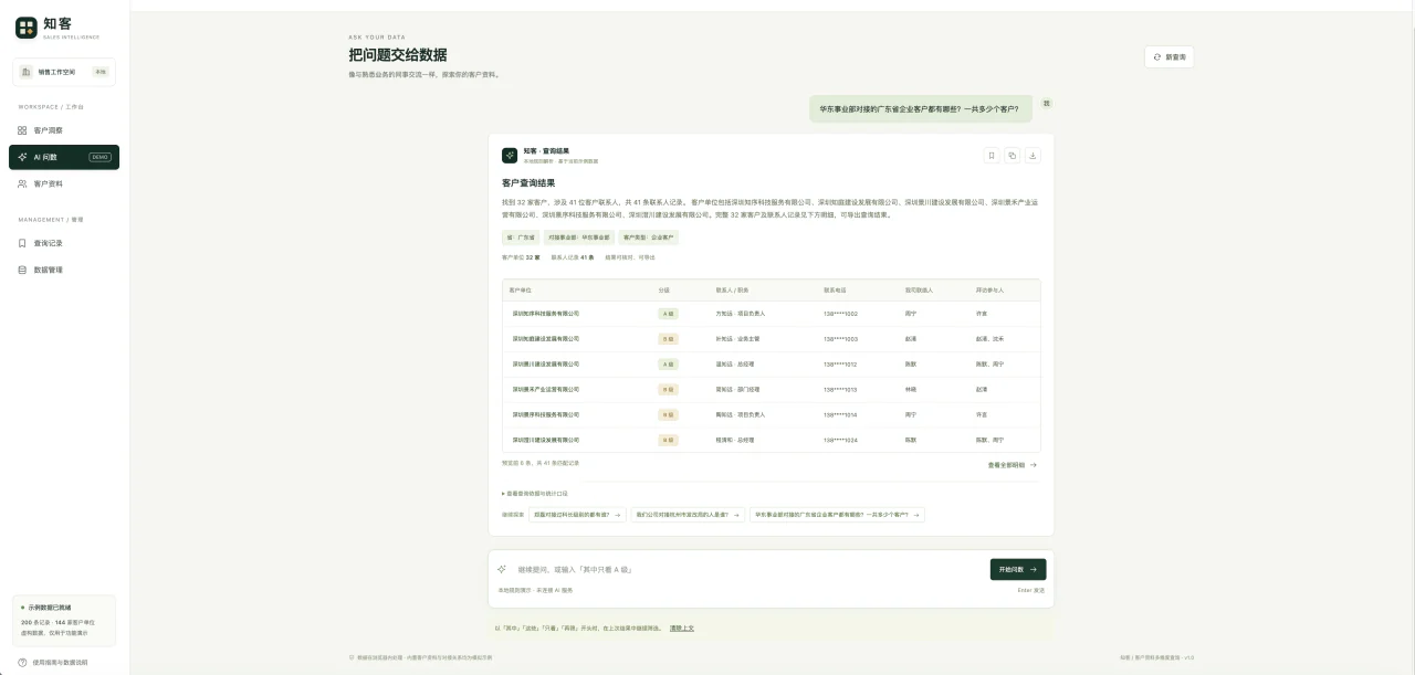知客组合查询示例：按事业部、区域和客户类型查询，显示识别条件、去重统计与客户明细。