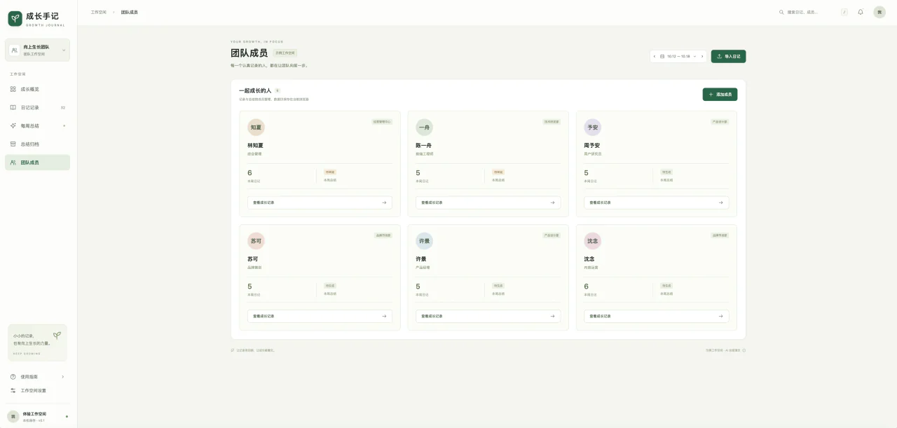 成长手记成员视图：按成员查看本周记录数量、总结状态和成长记录；人物与统计为示例数据。