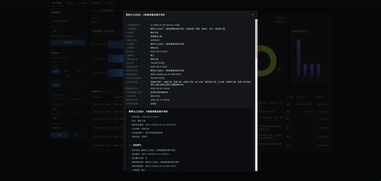 招投标信息工作台公告详情：在同一窗口中查看结构化字段、摘要及公告正文。